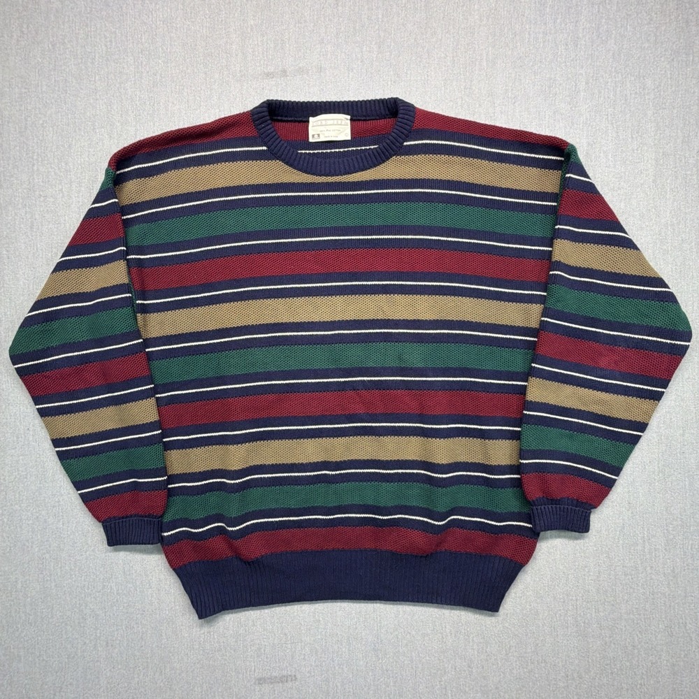 Vintage Lord Jeff Mens L Sweater Blue Striped Long Sleeve Crew Neck
